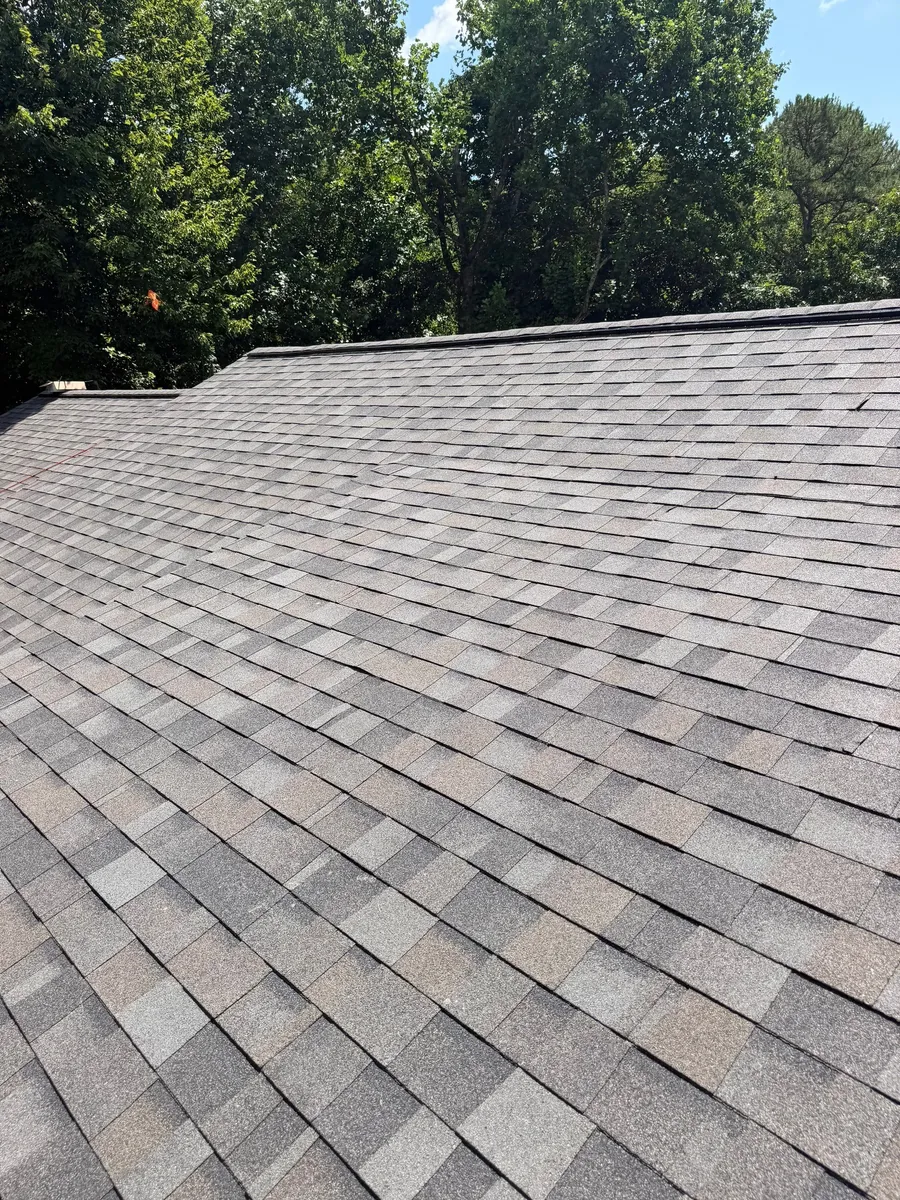 Wide run of weathered-wood architectural shingles rising to the ridge under a green summer canopy