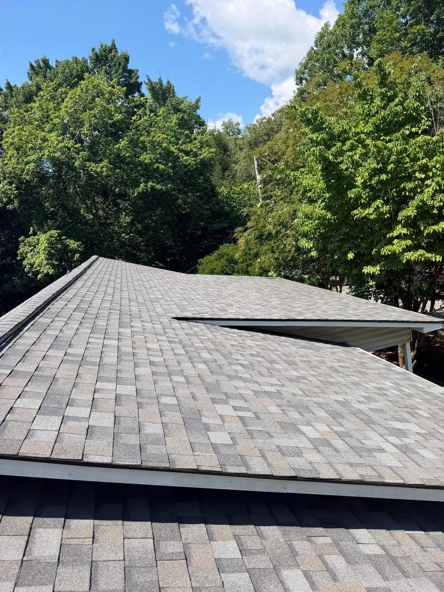 Shingle hip roof running down to a valley, with a wooded ridge rising behind it under open sky
