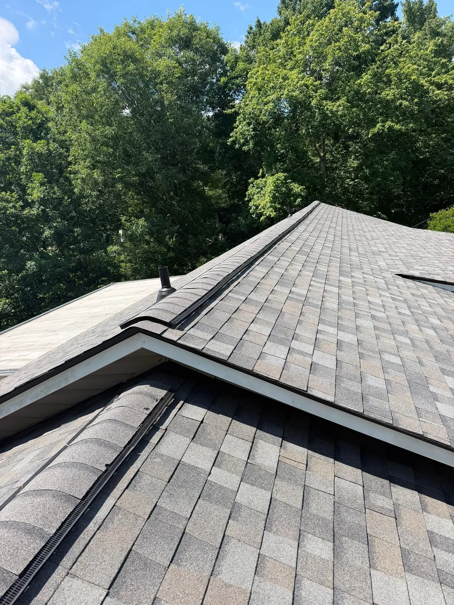 Ridge line carrying a continuous ridge vent out to a gable end, hardwoods and blue sky behind