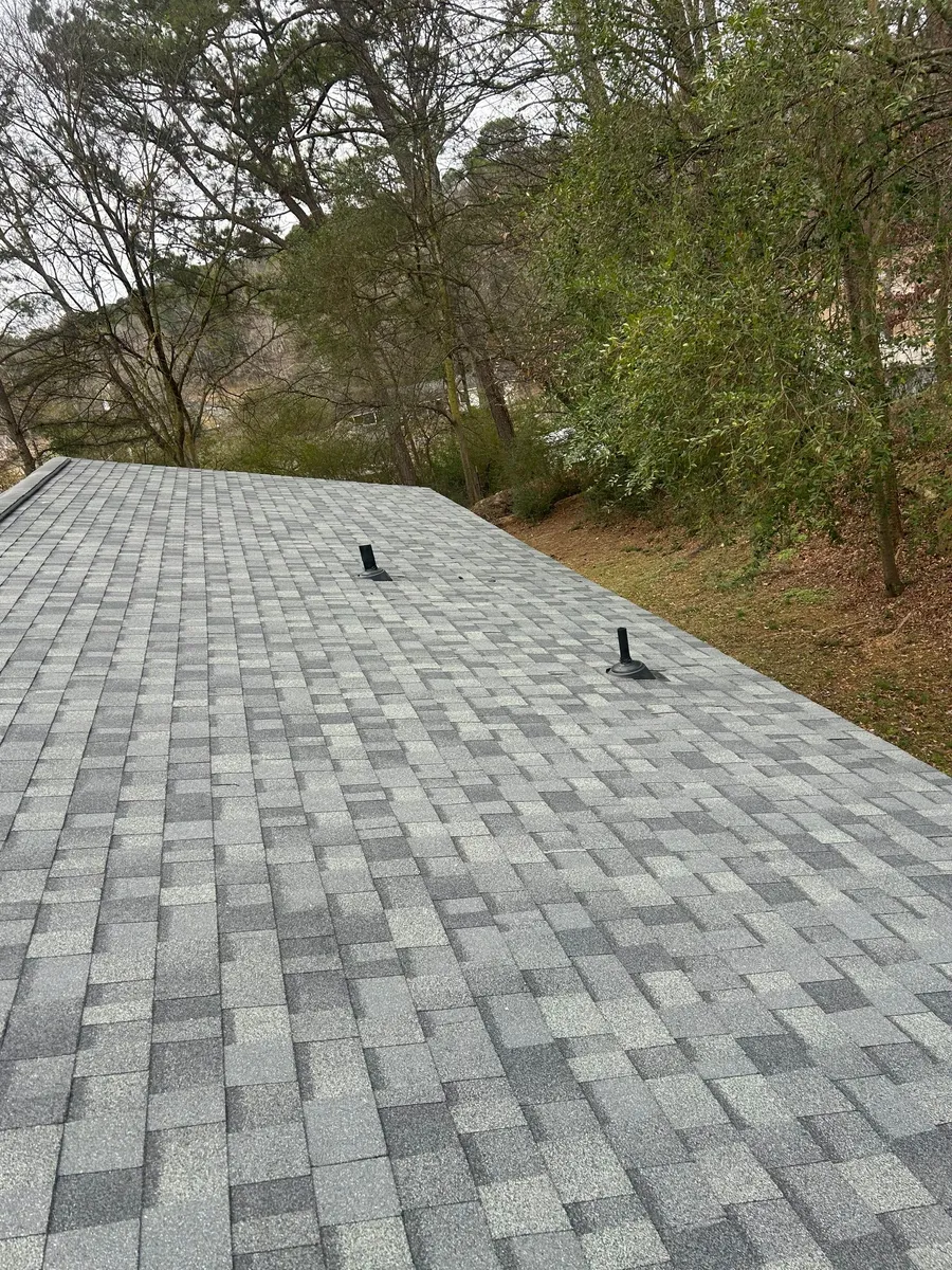 Wide field of new architectural shingles with two sealed pipe penetrations